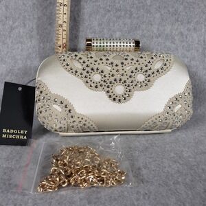 Badgley Mischka Off White Satin Crystal Clutch Evening Bag Chain NWT MSRP $159